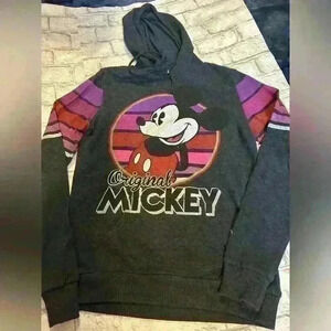 Women’s Disney Parks Original Mickey Mouse Gray Striped Hoodie Shirt Size Small